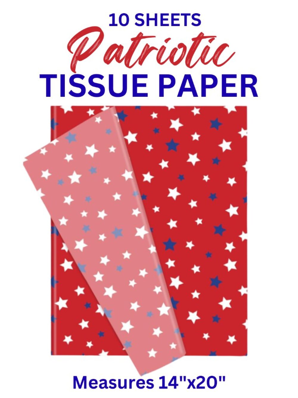 10 Pack 14x20 Tissue Paper Patriotic Blue Stars & Whit Stars on Red Background